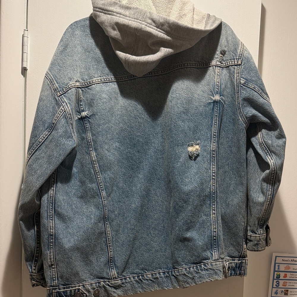 We The Free Light Blue Denim Jacket with Gray Hood